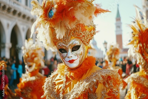 Obraz na płótnie carnival costumes and masks at venice carnival parade in st. mark's square, celebrating rich culture and festive spirit with elaborate designs and colorful attire w salonie