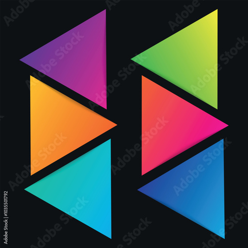 Background with six colored abstractly arranged triangles. Vector on black background