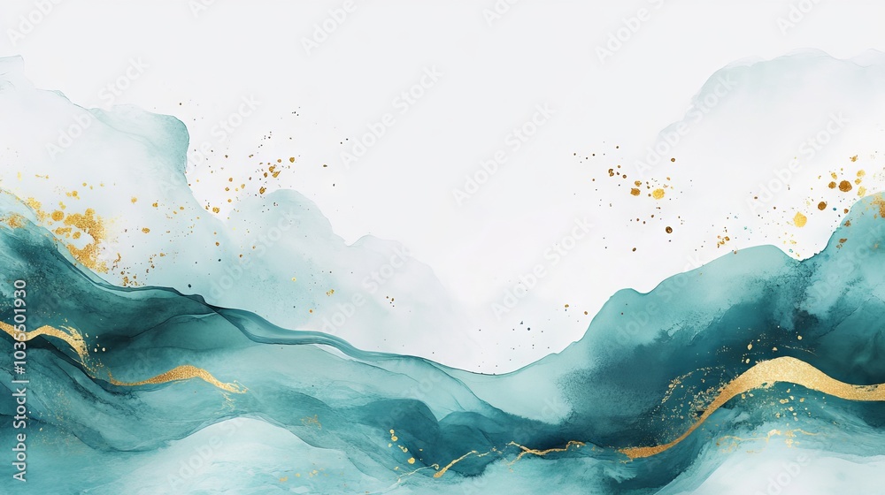 Elegant card design with modern watercolor background in teal or turquoise green ink waves and golden splashes - ideal for birthday invites, weddings, and menus