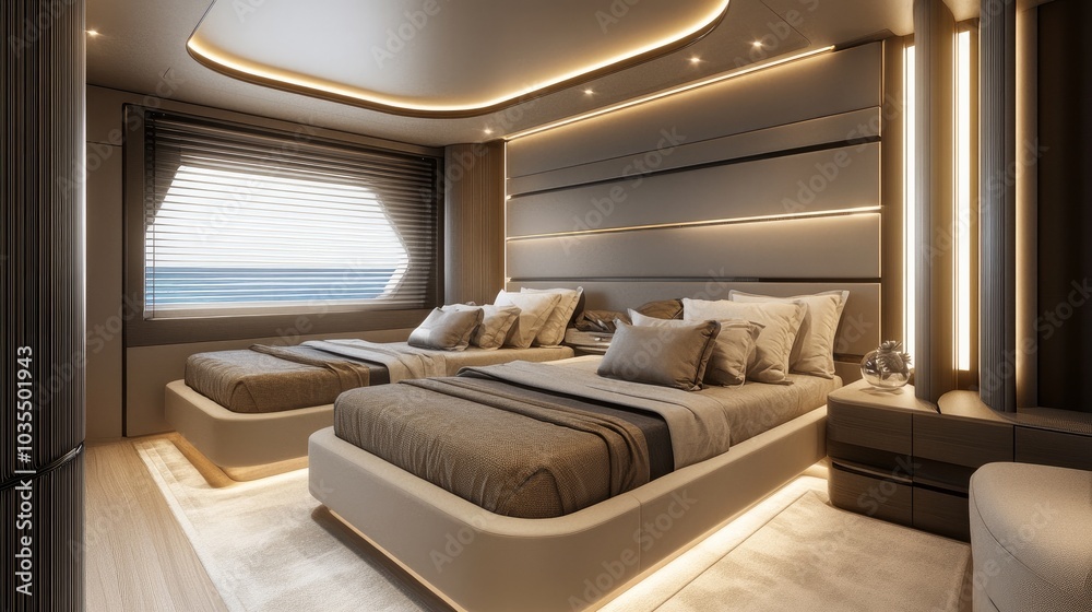 The inside of the twin outer cabin bedroom aboard a luxurious sailing yacht overlooking the sea The inside of the twin outer cabin bedroom aboard a luxurious sailing yacht overlooking the sea