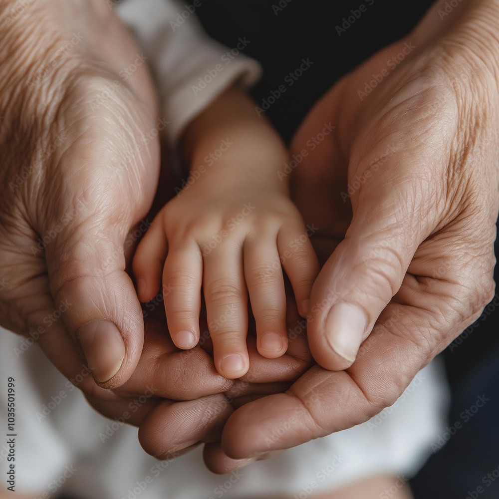 Two hands, one aged and weathered, the other tiny and delicate, come together in a heartwarming gesture of love and reassurance, highlighting the bond between generations. Generative AI Two hands, one aged and weathered, the other tiny and delicate, come together in a heartwarming gesture of love and reassurance, highlighting the bond between generations. Generative AI