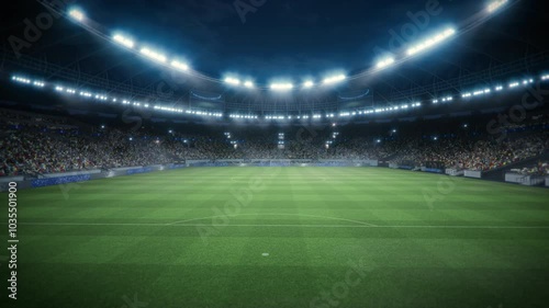 Night Elevated Shot Behind Soccer Goal in Stadium During Championship Match. Teams Compete, Fans Fill the Stands. Football Tournament, Cup Broadcast. Sport Channel Television Playback, Screen Content. photo