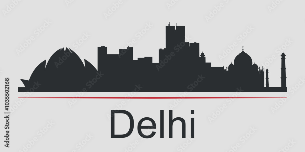 Obraz premium Black silhouette of the city skyline in Delhi, emphasized by red line with text. Vector on a gray background