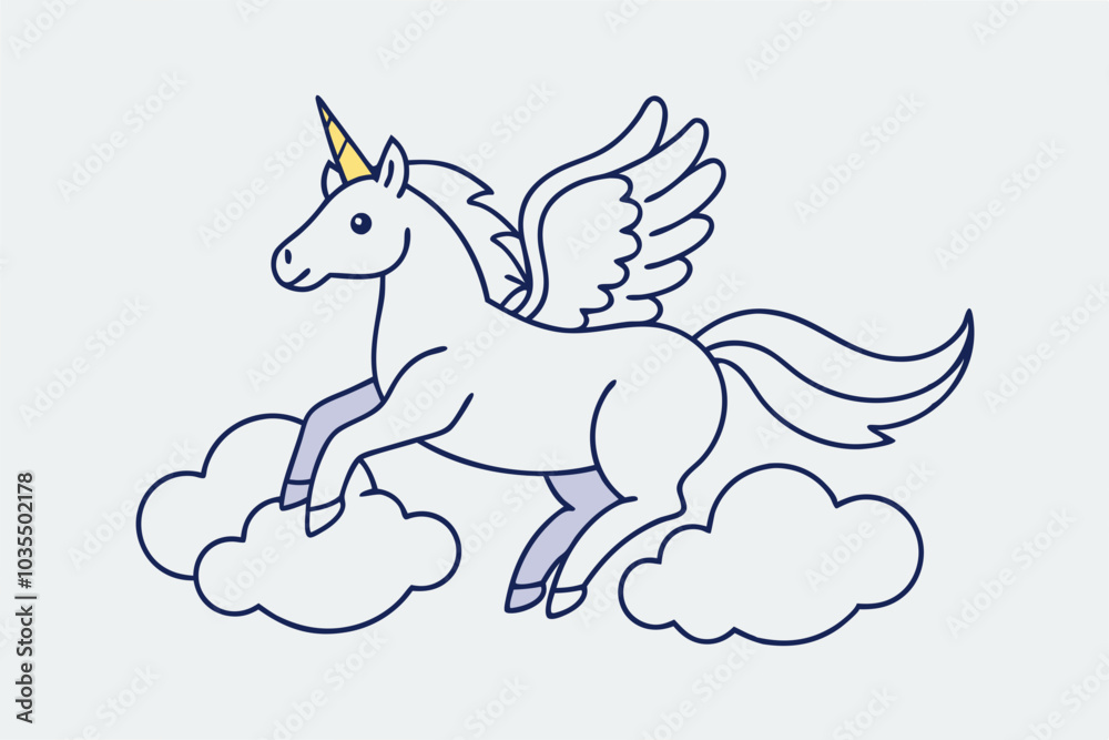 Unicorn flying On The Cloud Coloring Page stock line art vector ...
