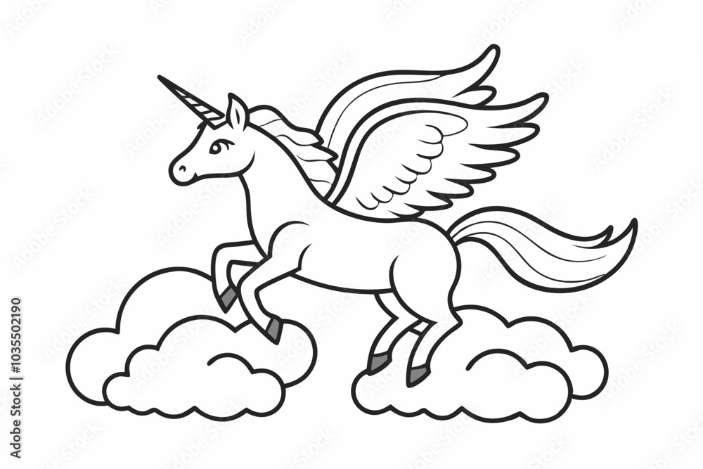 Unicorn flying On The Cloud Coloring Page stock line art vector ...