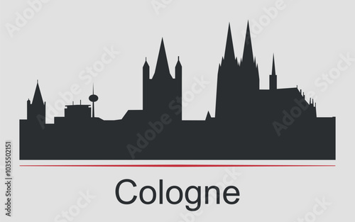 Black silhouette of Cologne city skyline, emphasized by red line with text. Vector on a gray background