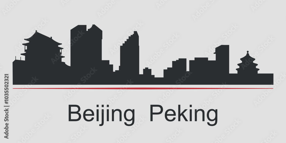 Obraz premium Black silhouette of the city skyline in Beijing, emphasized by red line with text. Vector on a gray background