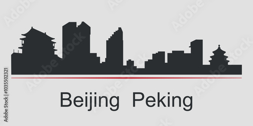 Black silhouette of the city skyline in Beijing, emphasized by red line with text. Vector on a gray background