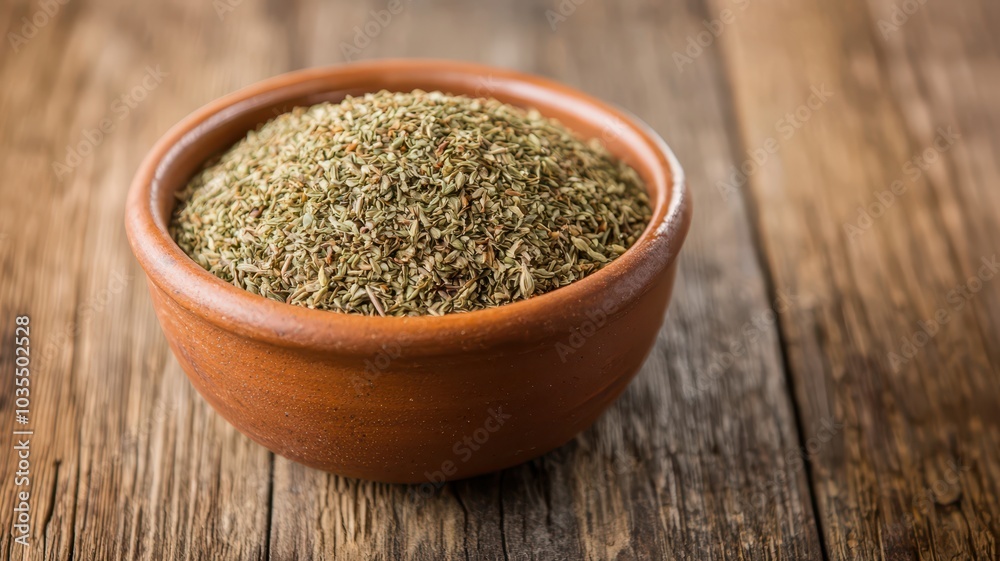 Bowl of aromatic oregano on wooden surface with natural lighting. Bowl of aromatic oregano on wooden surface with natural lighting.