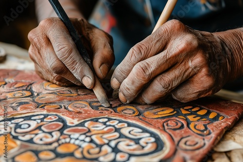 Hands expertly shape and detail traditional art using mod in a lively workshop, showcasing intricate patterns and vibrant colors crafted with care. Generative AI