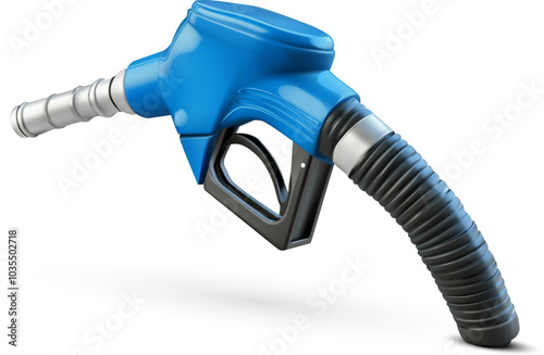 Blue fuel pump nozzle isolated on a transparent background. Realistic vector illustration of gas pump dispenser, symbolizing refueling, energy, and fuel consumption for automotive or industrial uses.