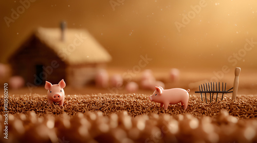 Miniature pigs in a barnyard, tiny plow and rake hanging on the wall, 3D illustration photo