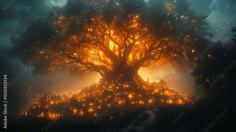 A large, glowing tree with a village nestled in its branches against a dark, stormy sky. A large, glowing tree with a village nestled in its branches against a dark, stormy sky.
