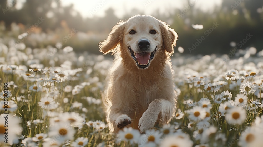 Golden Retriever Running in a Field of Daisies Golden Retriever Running in a Field of Daisies