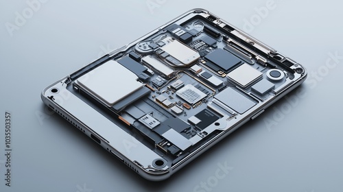 A detailed cross-section reveals the intricate internal components of a smartphone, showcasing the organization of chips, batteries, and circuitry in a sleek design. Generative AI photo