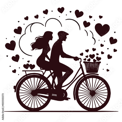  Couple on a bicycle under hearts, romantic scene for Valentine's Day, clipart , png