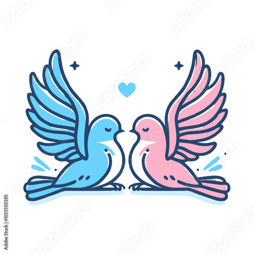 Two lovebirds with hearts, romantic illustration for Valentine's Day, clipart , png