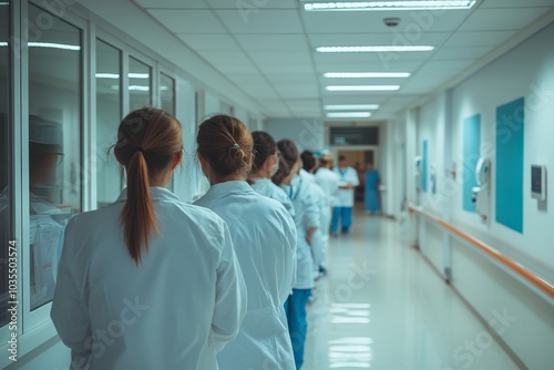 Group of medics discussing along hospital corridor, Generative AI