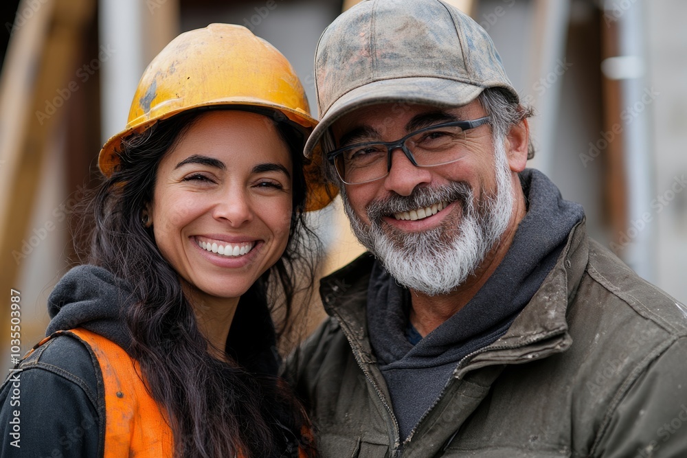 Fototapeta premium Happy home renovation: Contractor and homeowner smiling together on a property upgrade project, Generative AI