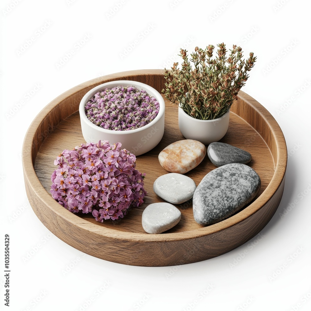 A serene wooden tray holds lavender, thyme, polished stones, and decorative rocks, evoking tranquility and nature’s beauty. A serene wooden tray holds lavender, thyme, polished stones, and decorative rocks, evoking tranquility and nature’s beauty.