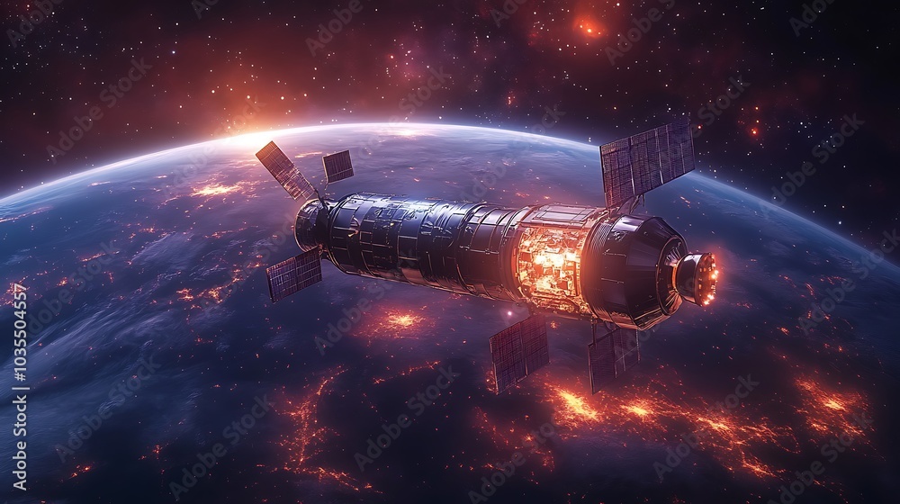 Obraz premium Spaceship in orbit around Earth, with glowing city lights below.