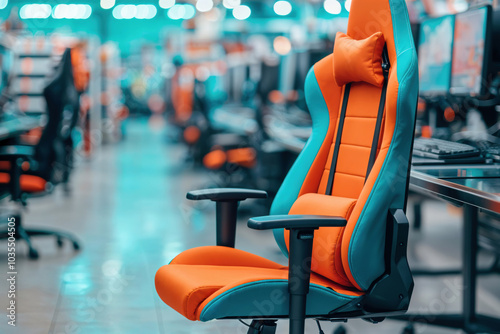 Ergonomic gaming chair with green and orange in a computer store showroom photo