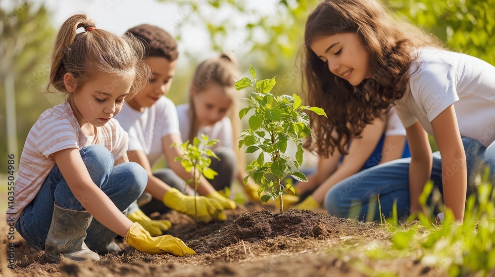 A group of diverse children actively plants young trees in a community garden, demonstrating teamwork and commitment to environmental stewardship under the warm sun. Generative AI A group of diverse children actively plants young trees in a community garden, demonstrating teamwork and commitment to environmental stewardship under the warm sun. Generative AI