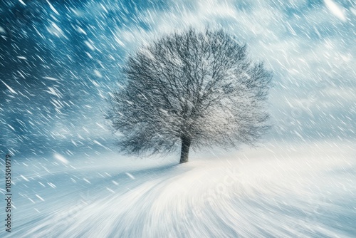 A Solitary Tree Stands Tall Amidst a Whirlwind of Snow photo