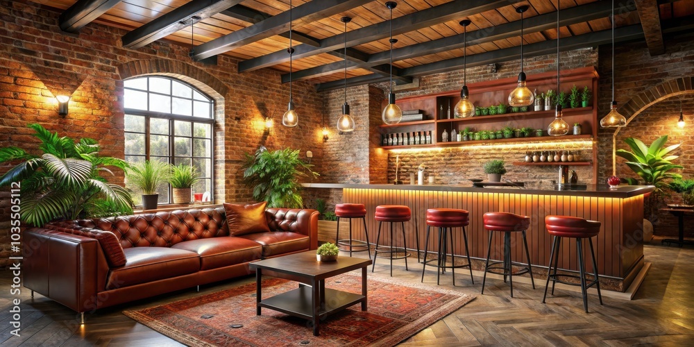 Fototapeta premium A cozy and inviting interior design space featuring exposed brick walls, wooden beams, a leather sofa, a bar counter with red stools, and lush greenery.