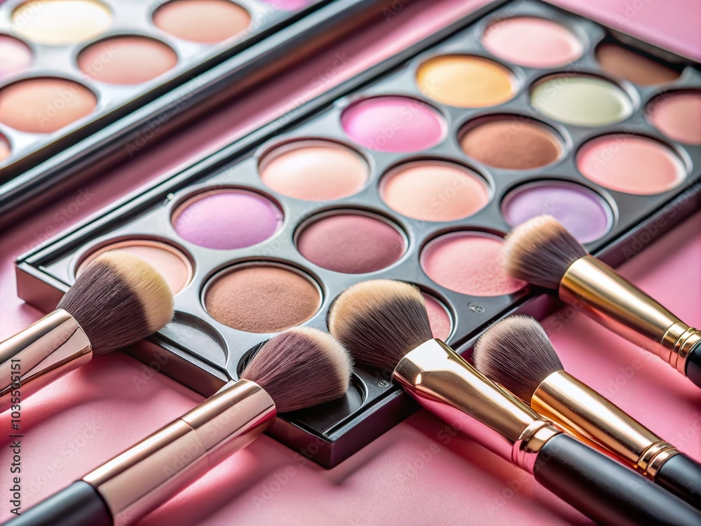 Professional Makeup Brushes with Blush and Eyeshadow Palette on Pastel Pink Background for Beauty Industry Professional Makeup Brushes with Blush and Eyeshadow Palette on Pastel Pink Background for Beauty Industry
