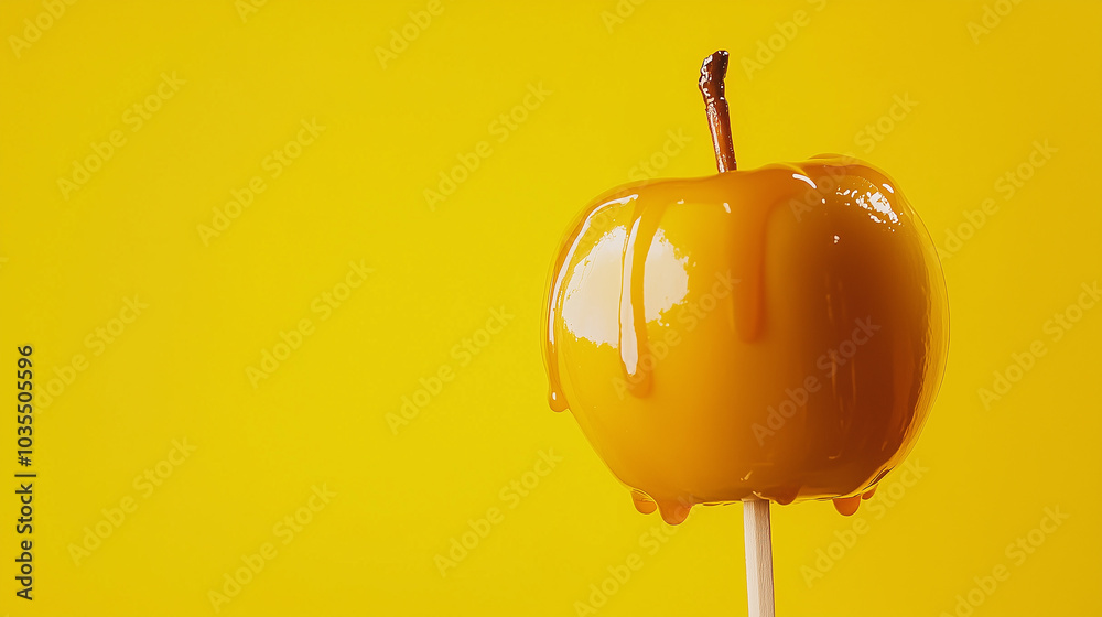 Obraz premium caramelized apple in yellow and orange. Halloween autumn banner with copy space