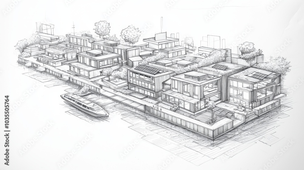 Sketch of modern waterfront architecture featuring houses, greenery, and a boat, showcasing innovative urban design. Sketch of modern waterfront architecture featuring houses, greenery, and a boat, showcasing innovative urban design.
