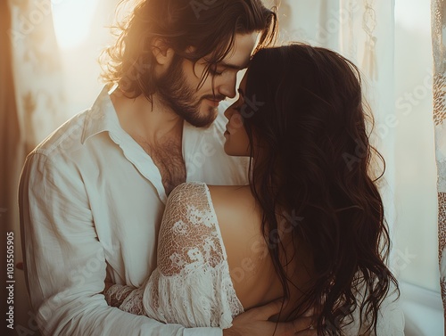 Intimate Hug Between Couple in Light-Filled Room