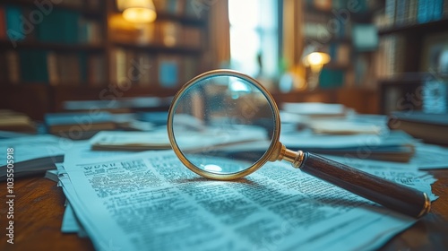 Magnifying glass zooming in on a stack of documents, illustrating scrutiny, precision, detail in research