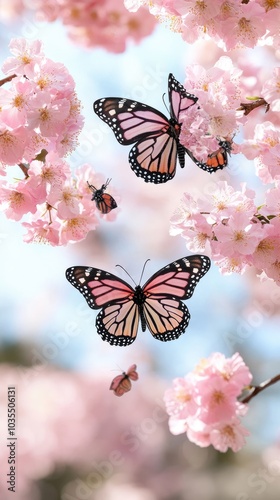 Experience the beauty of spring with butterflies fluttering among blooming flowers in soft pastel hues on a bright, sunny day photo