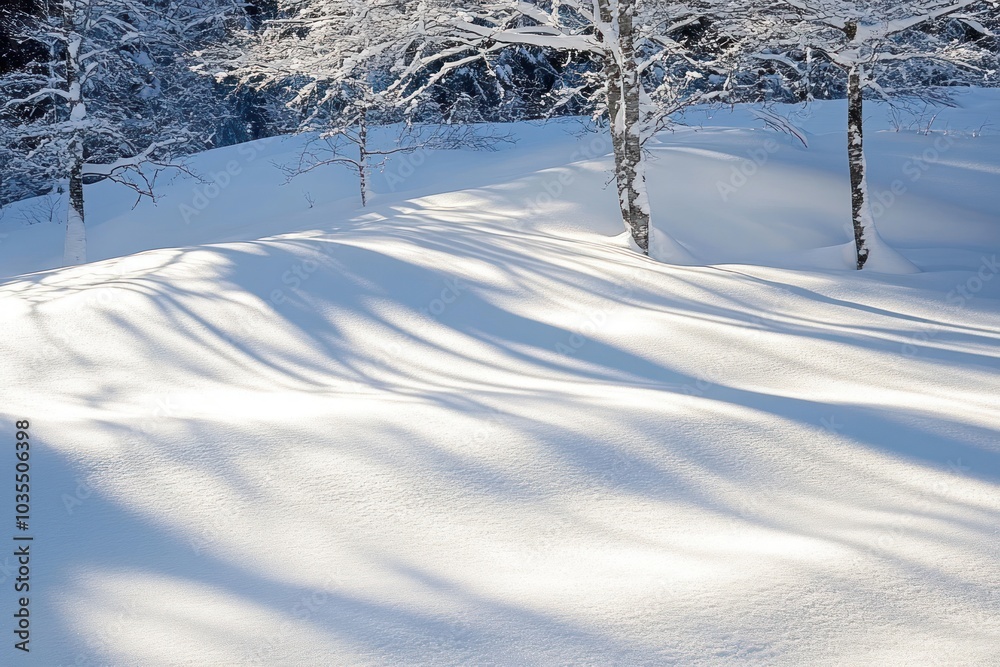 Snow-Covered Landscape with Tree Shadows in Winter Snow-Covered Landscape with Tree Shadows in Winter