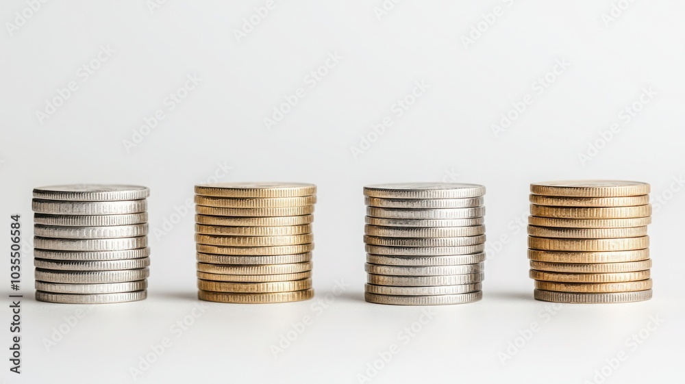 Stacks of coins representing wealth, investment, and financial growth, white isolate background. Stacks of coins representing wealth, investment, and financial growth, white isolate background.