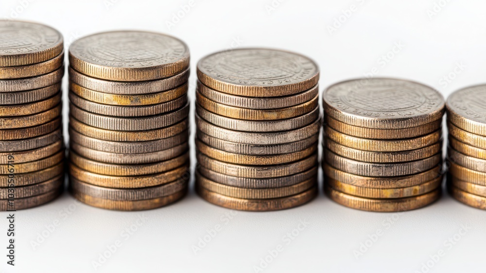 Stacks of coins arranged in order on a white isolated background. Stacks of coins arranged in order on a white isolated background.