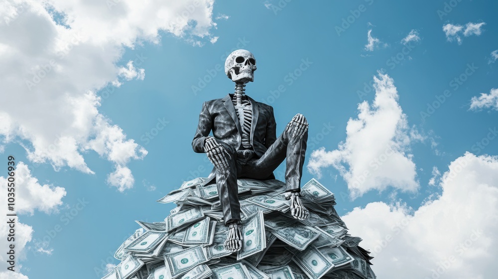 Skeleton businessman sitting on top of cash mountain. Skeleton businessman sitting on top of cash mountain.