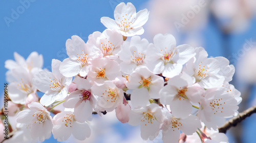 A close-up view of cherry blossoms in full bloom against a clear blue sky, representing springtime beauty.