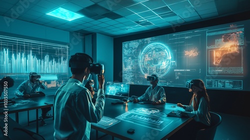 Students in a modern classroom explore advanced concepts using augmented and virtual reality technology, collaborating and learning interactively. Generative AI