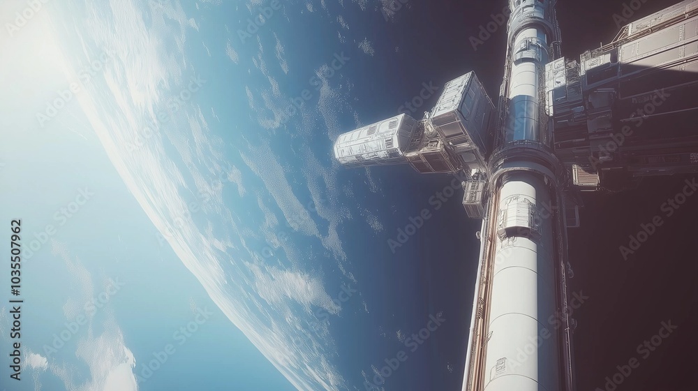 This vision presents a groundbreaking space elevator linking Earth to a distant space habitat, showcasing advanced technology hovering above the atmosphere. Generative AI This vision presents a groundbreaking space elevator linking Earth to a distant space habitat, showcasing advanced technology hovering above the atmosphere. Generative AI