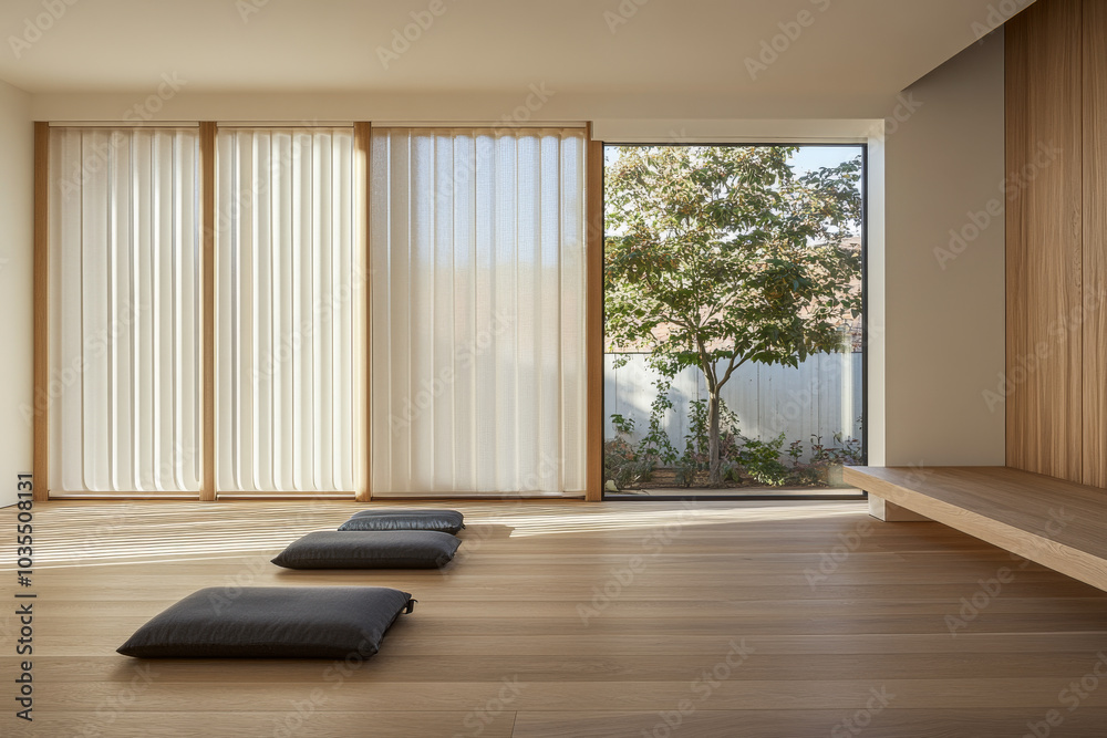 Fototapeta premium Minimalist indoor seating area with natural light and sliding doors leading to a serene garden
