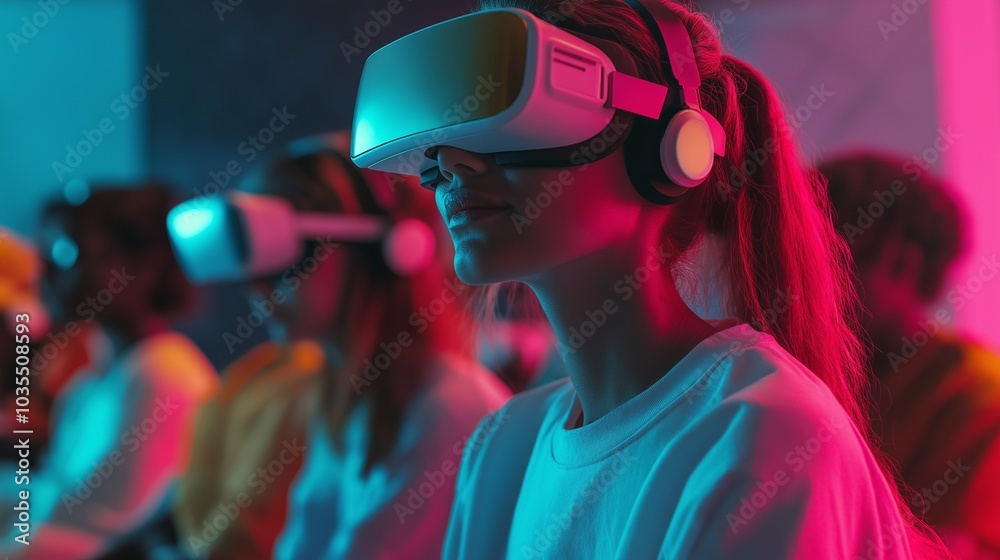 Teens of various backgrounds are engaged in an immersive virtual reality experience, wearing headsets while seated in a classroom environment focused on learning. Generative AI Teens of various backgrounds are engaged in an immersive virtual reality experience, wearing headsets while seated in a classroom environment focused on learning. Generative AI
