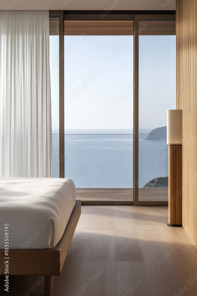 Fototapeta premium Modern bedroom with panoramic ocean view during daylight in a serene coastal location