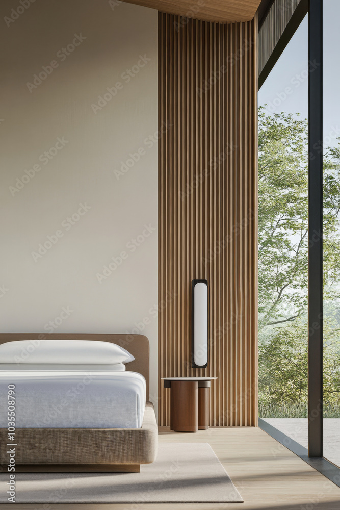 Fototapeta premium Modern bedroom design featuring large window and natural wood accents in a serene setting