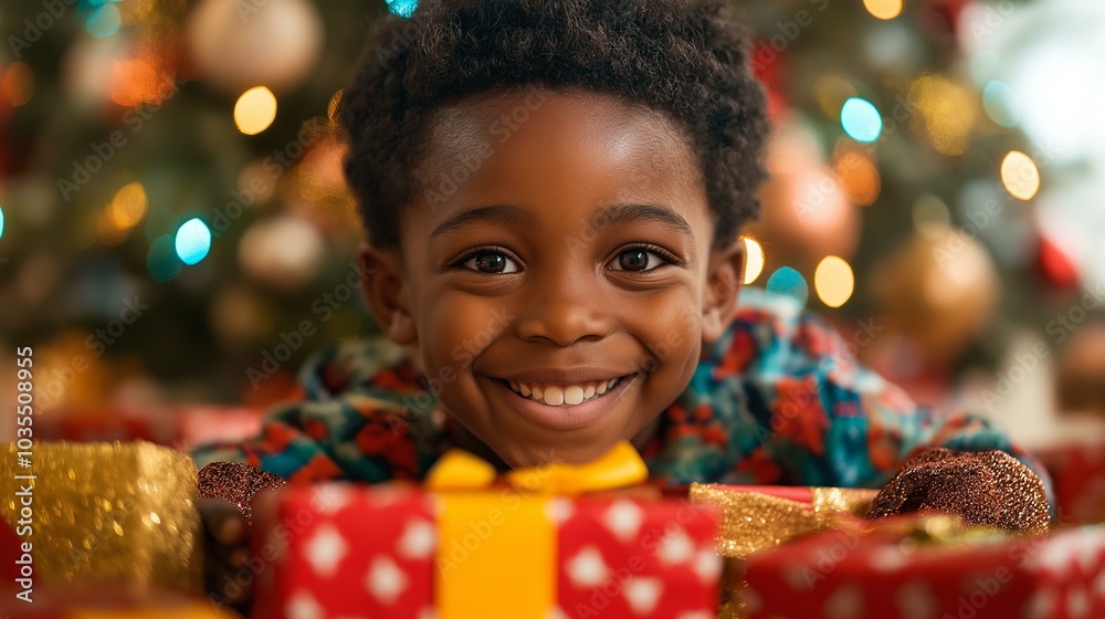 Boy with Christmas Gifts: Happy Holidays Boy with Christmas Gifts: Happy Holidays