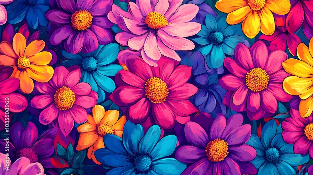 Vibrant Floral Pattern with Pink Blue and Yellow Flowers Vibrant Floral Pattern with Pink Blue and Yellow Flowers