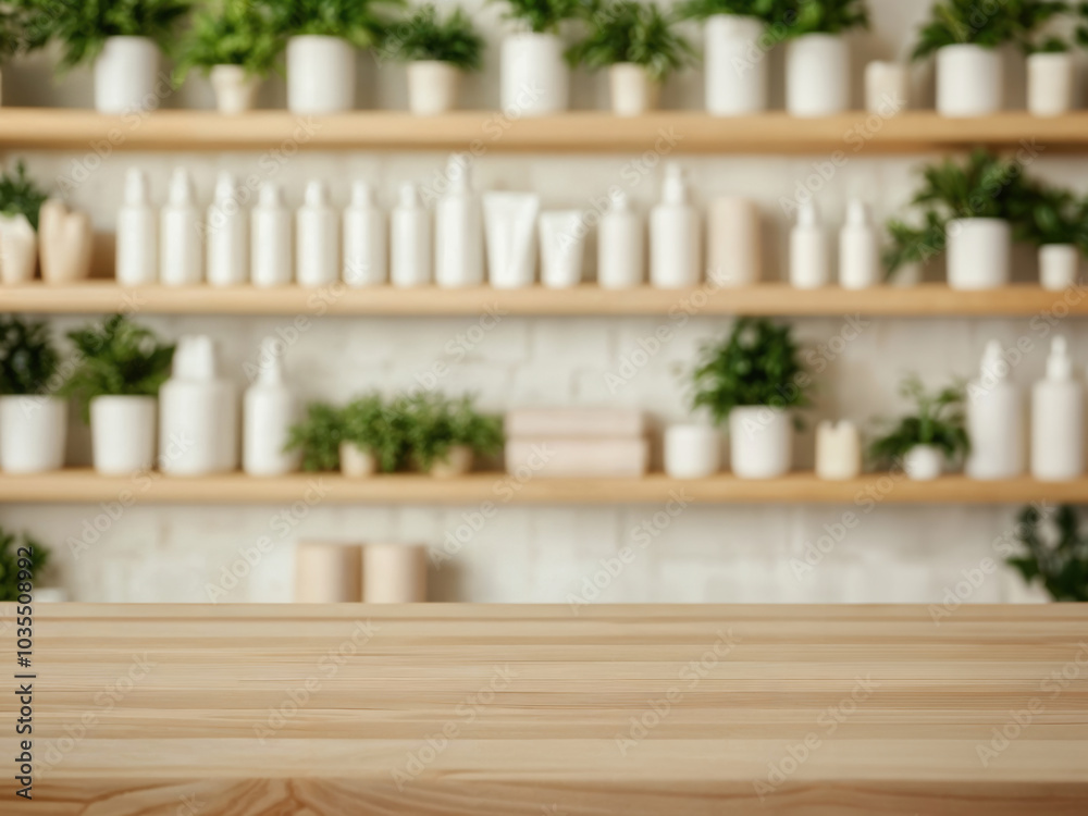Empty wooden table top showing spa products on shelves in background, ideal for product placement Empty wooden table top showing spa products on shelves in background, ideal for product placement