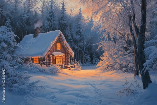 A Cozy Cabin Nestled in a Snowy Winter Forest at Twilight